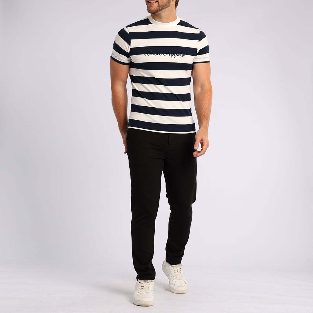 MENS BASIC SUPPLY NAVY/WHITE YARN-DYE STRIPE T-SHIRT