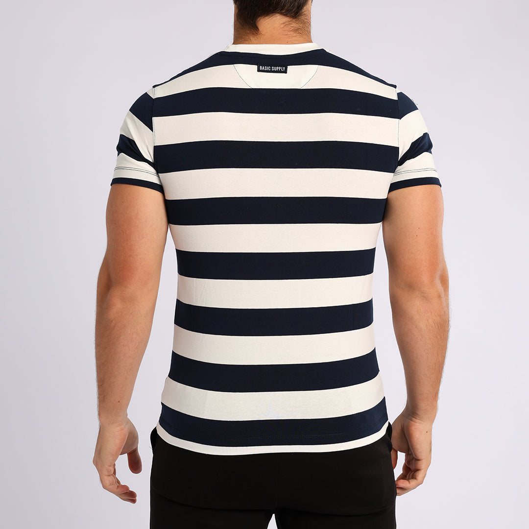 MENS BASIC SUPPLY NAVY/WHITE YARN-DYE STRIPE T-SHIRT