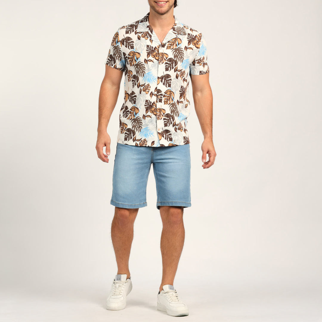 White Leaf-Print Shirt