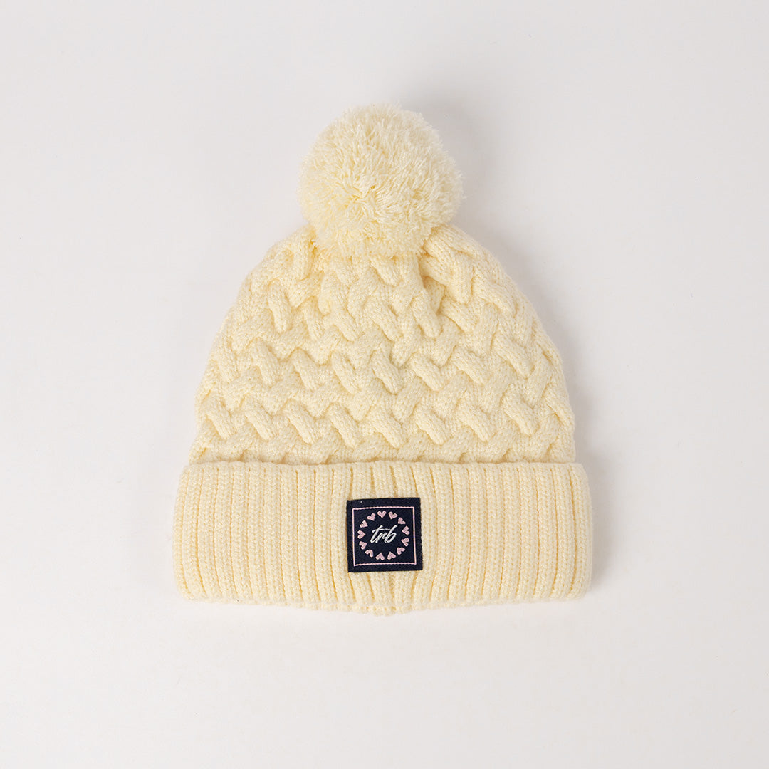Cable Knite Turn Up Beanie.Pom Pom.