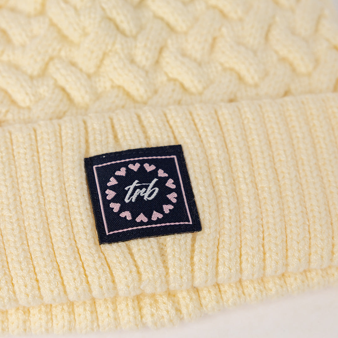 Cable Knite Turn Up Beanie.Pom Pom.