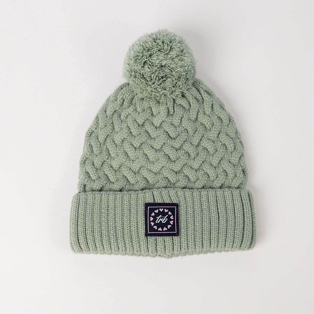 Cable Knite Turn Up Beanie.Pom Pom.