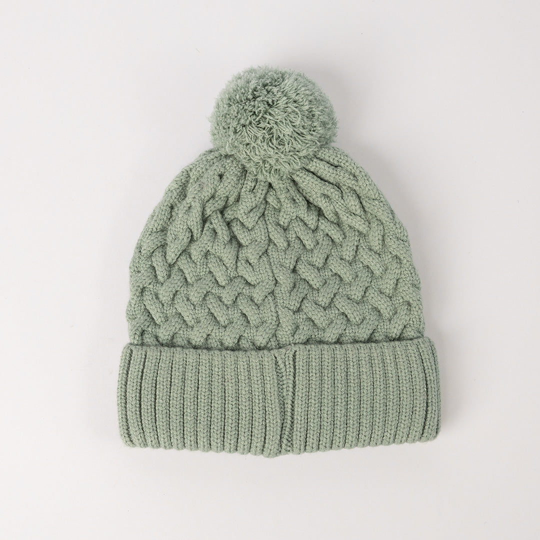 Cable Knite Turn Up Beanie.Pom Pom.