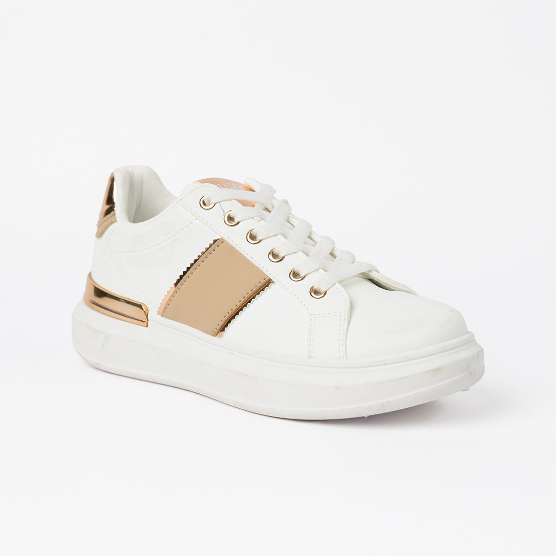Sneaker.Beige Stripe And Rose Gold Trims.
