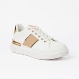 Sneaker.Beige Stripe And Rose Gold Trims.