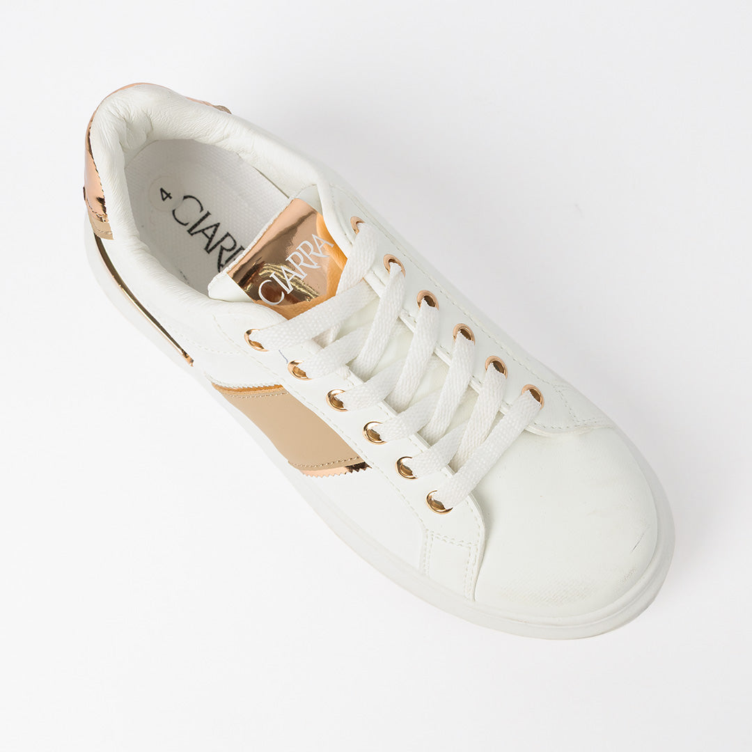 Sneaker.Beige Stripe And Rose Gold Trims.