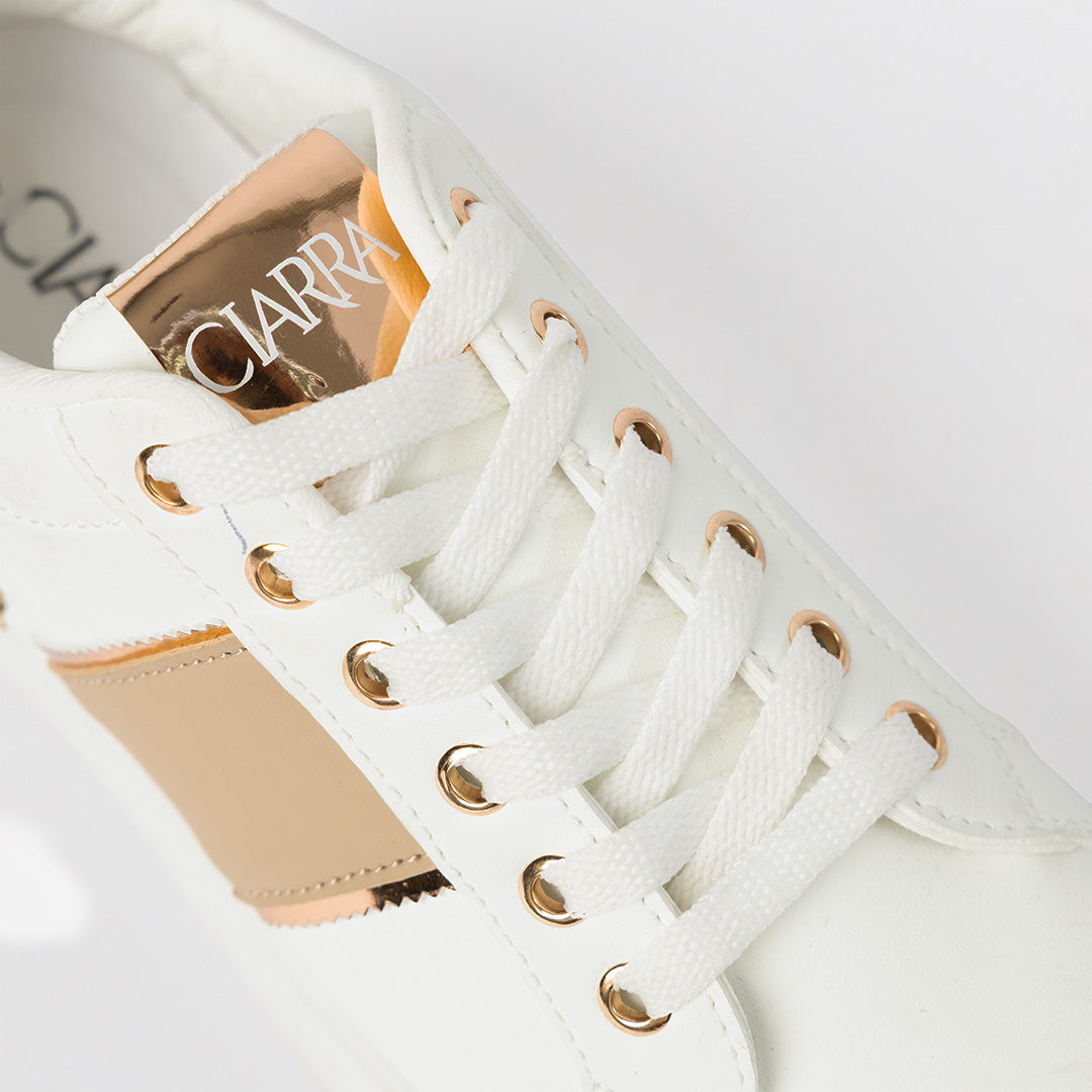 Sneaker.Beige Stripe And Rose Gold Trims.