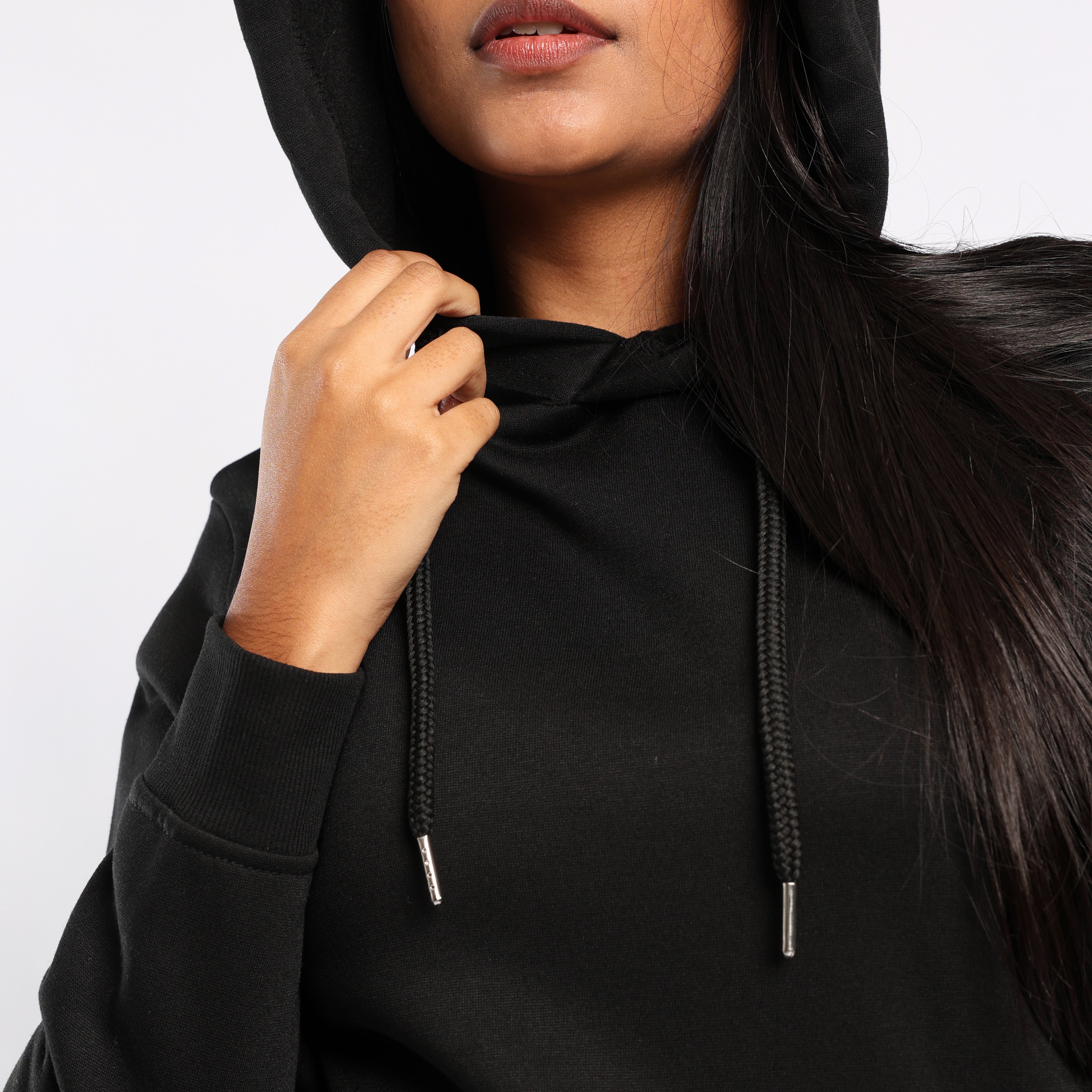 LADIES ALORA BLACK LONG SLEEVE HOODY WITH KANGAROO POCKET