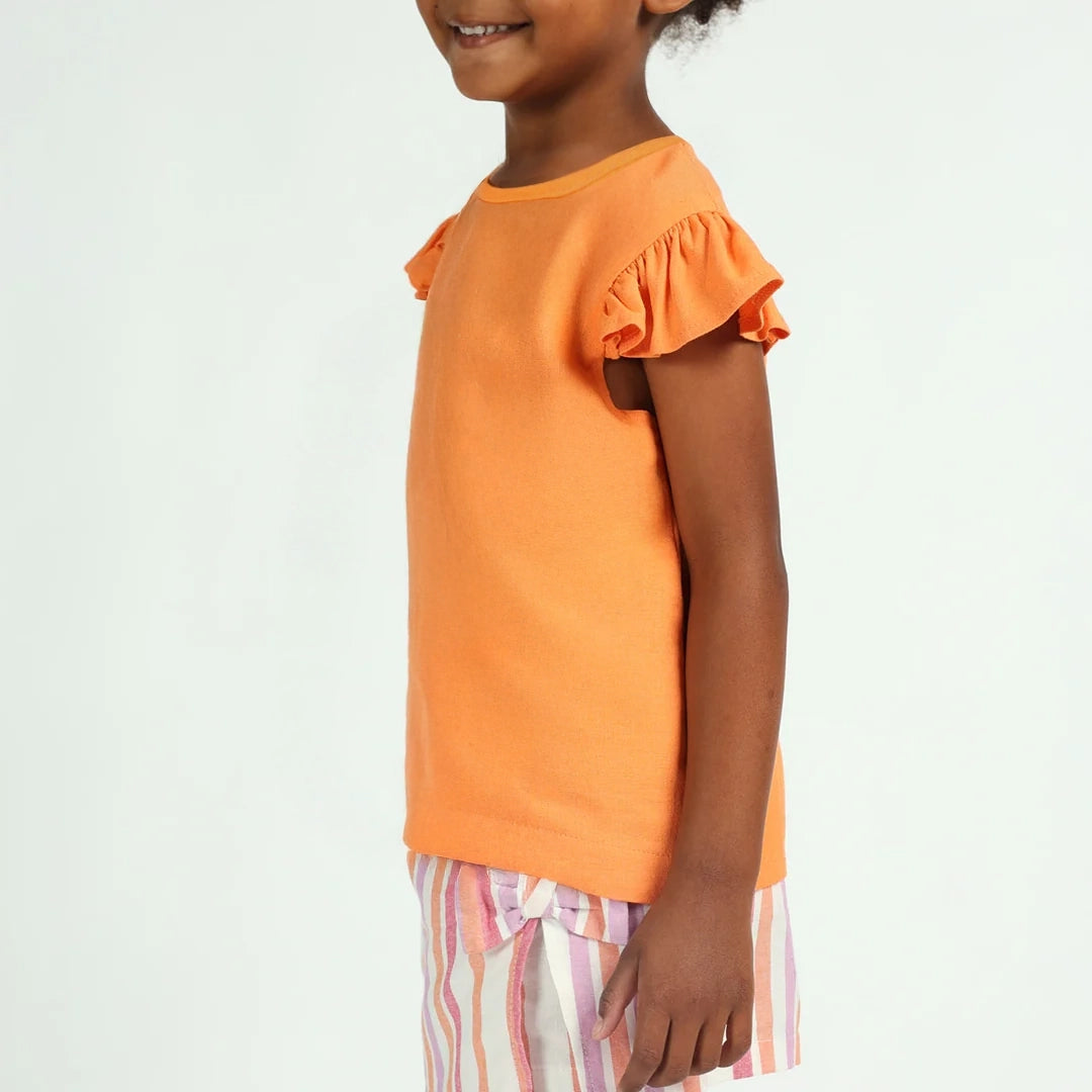 Girls Orange Puff Sleeve Top