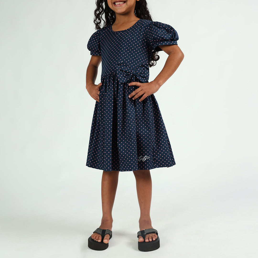 Girls Navy and Coral Puff Sleeve Dress