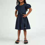 Girls Navy and Coral Puff Sleeve Dress