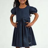 Girls Navy and Coral Puff Sleeve Dress