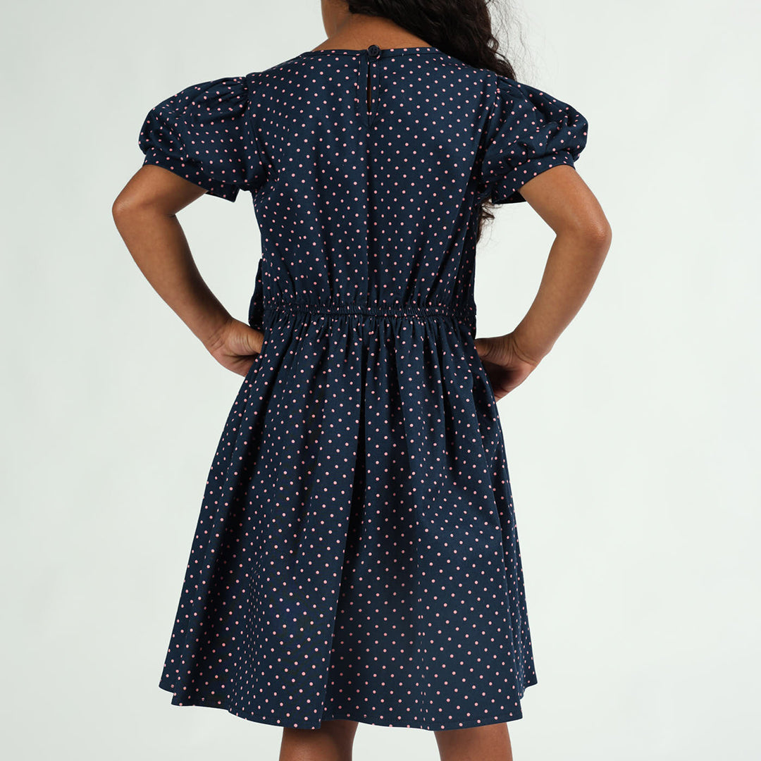 Girls Navy and Coral Puff Sleeve Dress