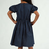 Girls Navy and Coral Puff Sleeve Dress