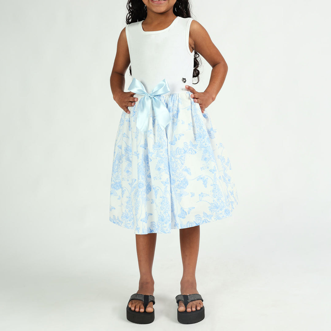 Girls White/Blue Printed Tiered Dress