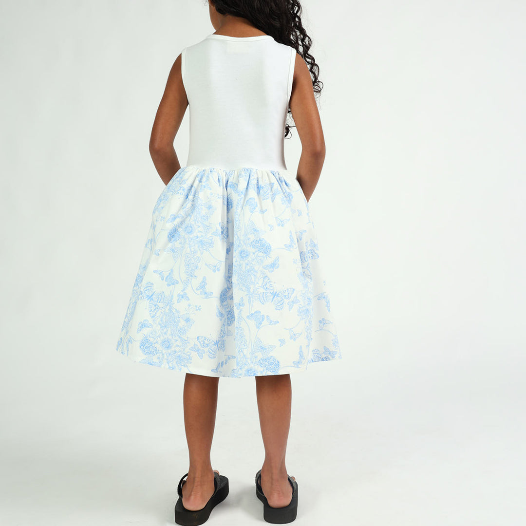 Girls White/Blue Printed Tiered Dress