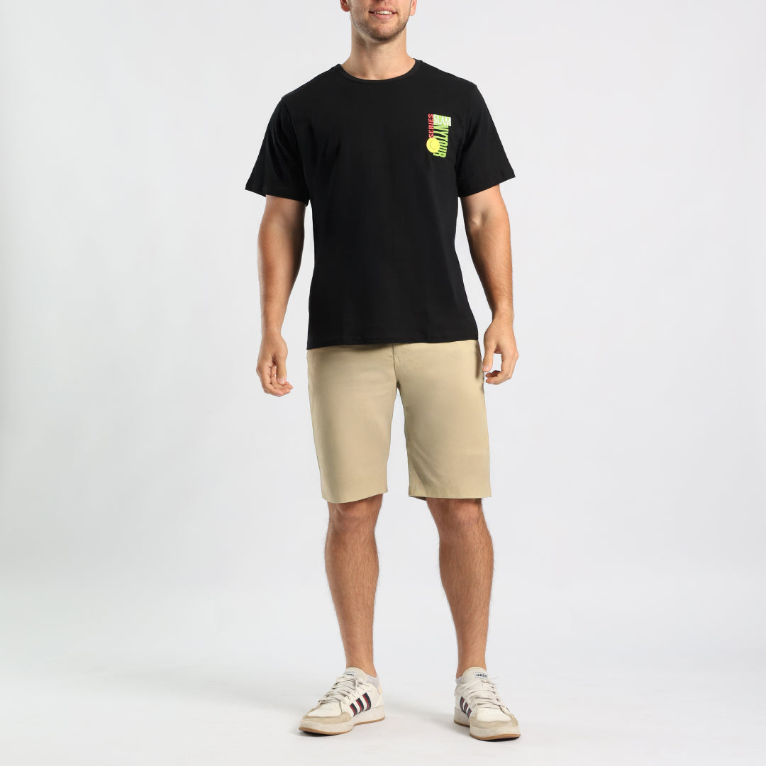 MENS BLACK S/S T-SHIRT WITH FRONT AND BACK PRINT