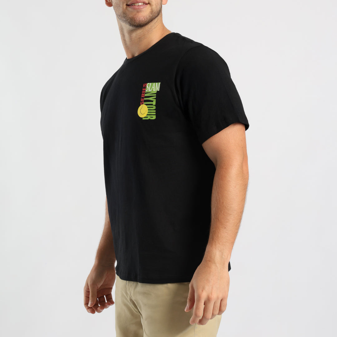 MENS BLACK S/S T-SHIRT WITH FRONT AND BACK PRINT
