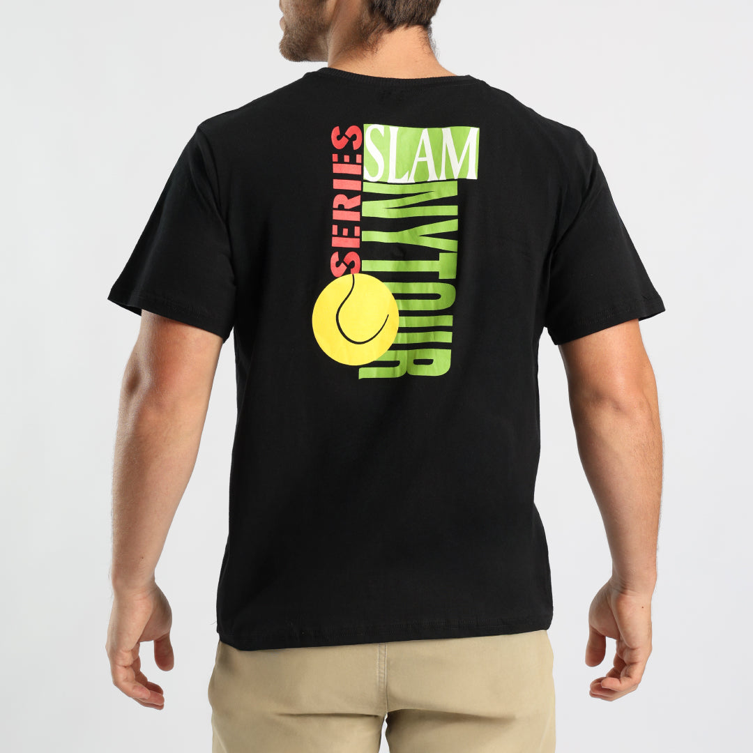 MENS BLACK S/S T-SHIRT WITH FRONT AND BACK PRINT