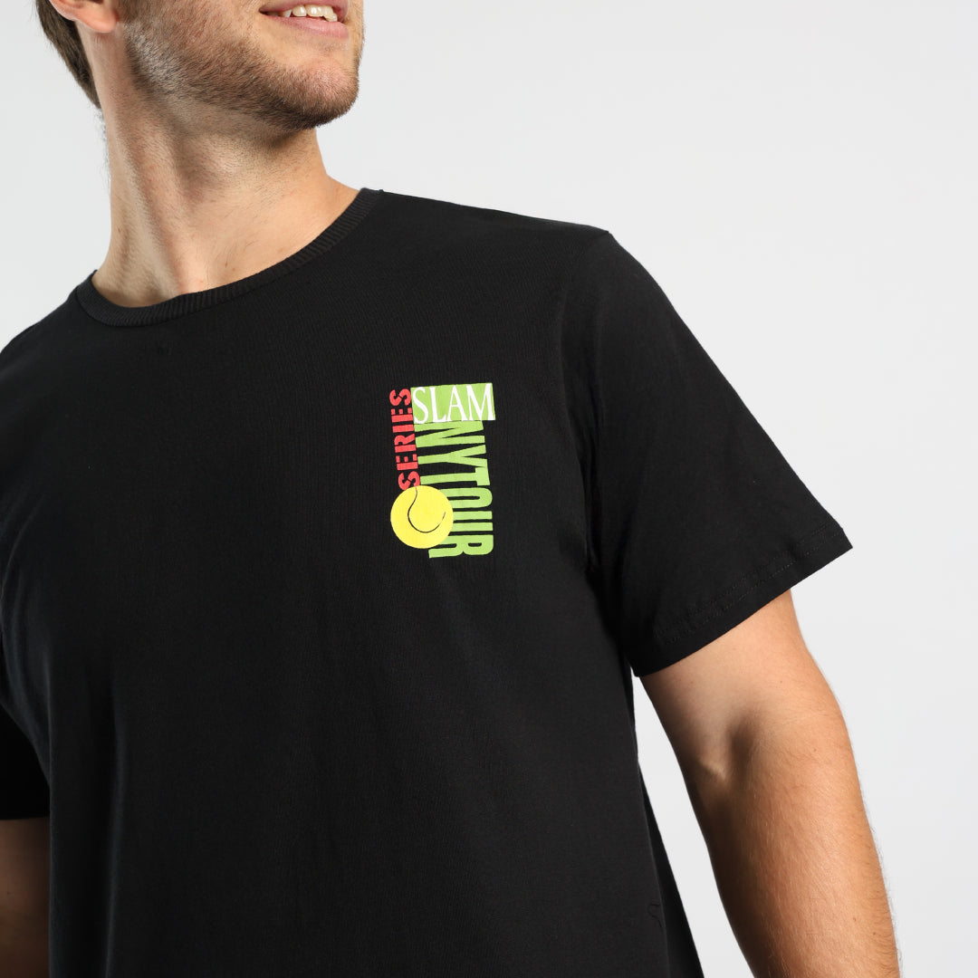 MENS BLACK S/S T-SHIRT WITH FRONT AND BACK PRINT