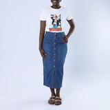 LADIES ALORA INK BLUE LONG BUTTON SKIRT