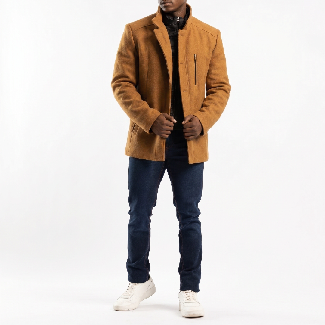 CAMEL BUTTON UP COAT WITH ZIP DETAIL