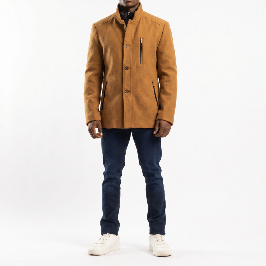 CAMEL BUTTON UP COAT WITH ZIP DETAIL