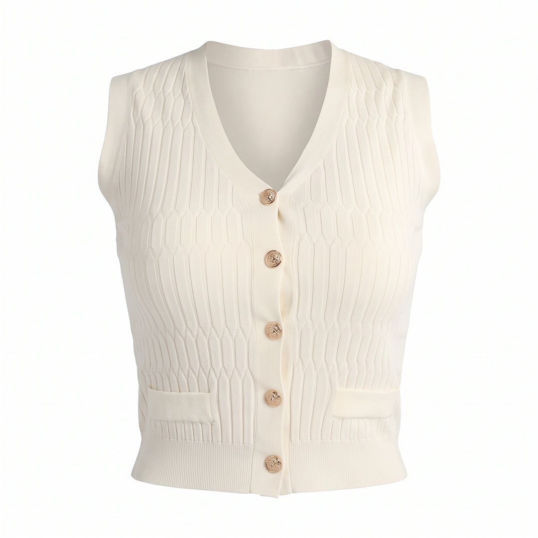 WHITE TEXTURED SLEEVELESS CARDIGAN