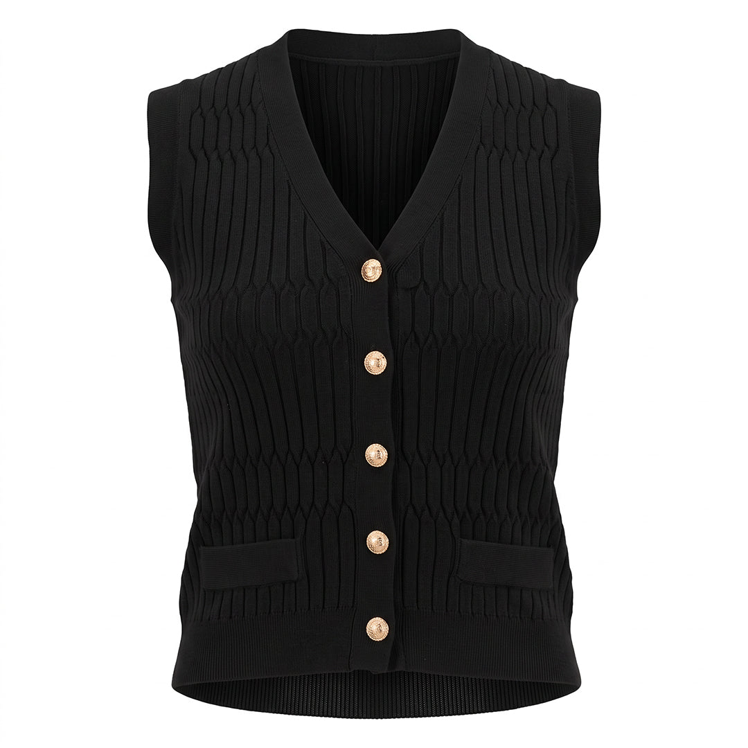 BLACK TEXTURED SLEEVELESS CARDIGAN