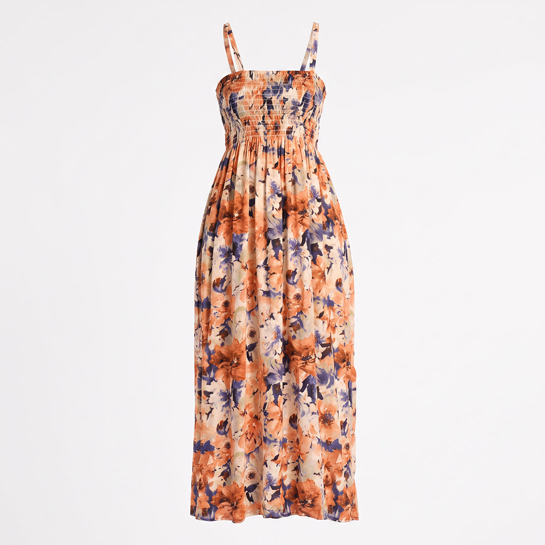 LADIES ALORA ORANGE PRINTED SMOCING DRESS(RAYON CHALLIS)