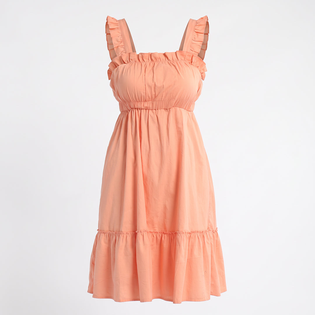 PEACH STRAPPY FRILL TIERED  DRESS(COTTON MORNE)