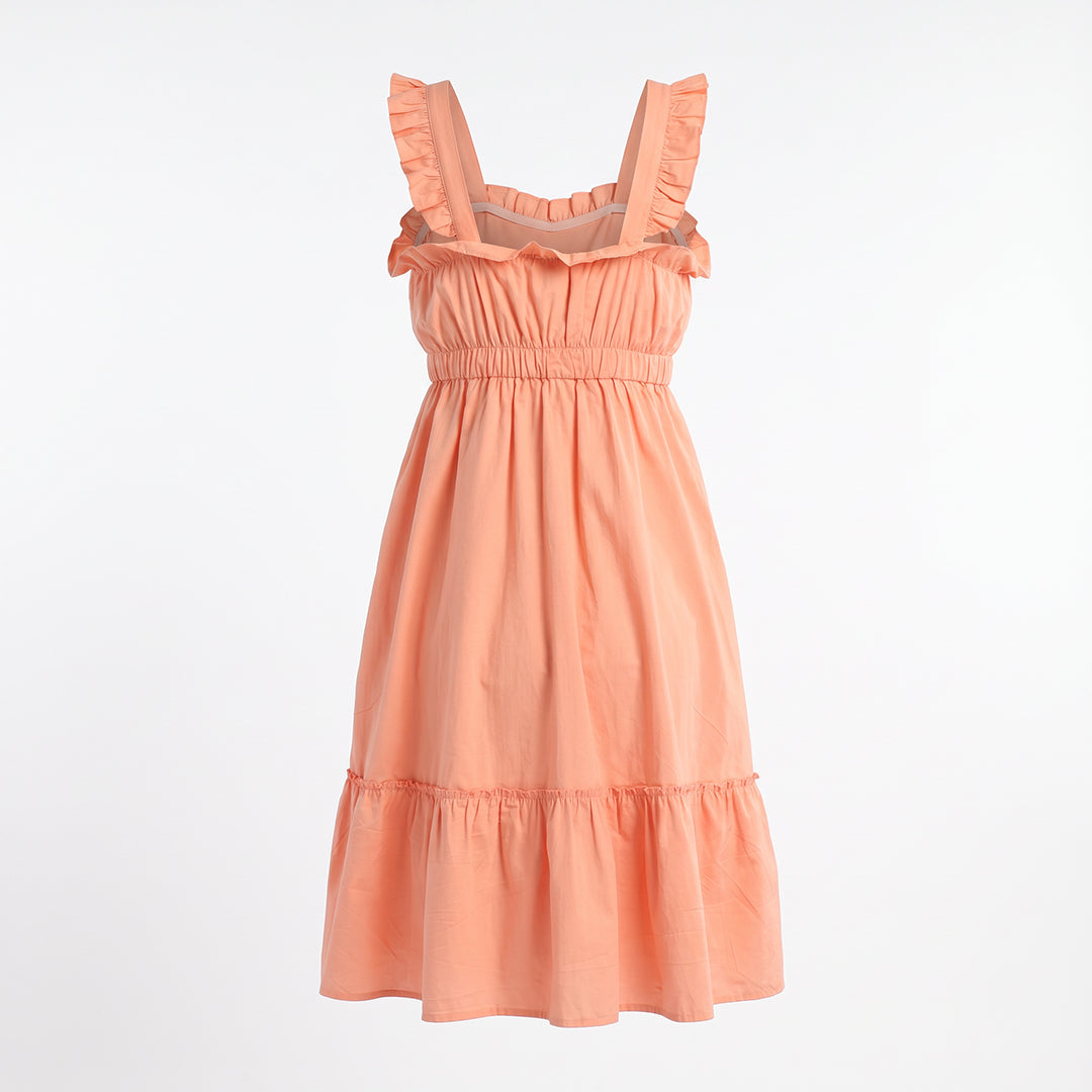 PEACH STRAPPY FRILL TIERED  DRESS(COTTON MORNE)