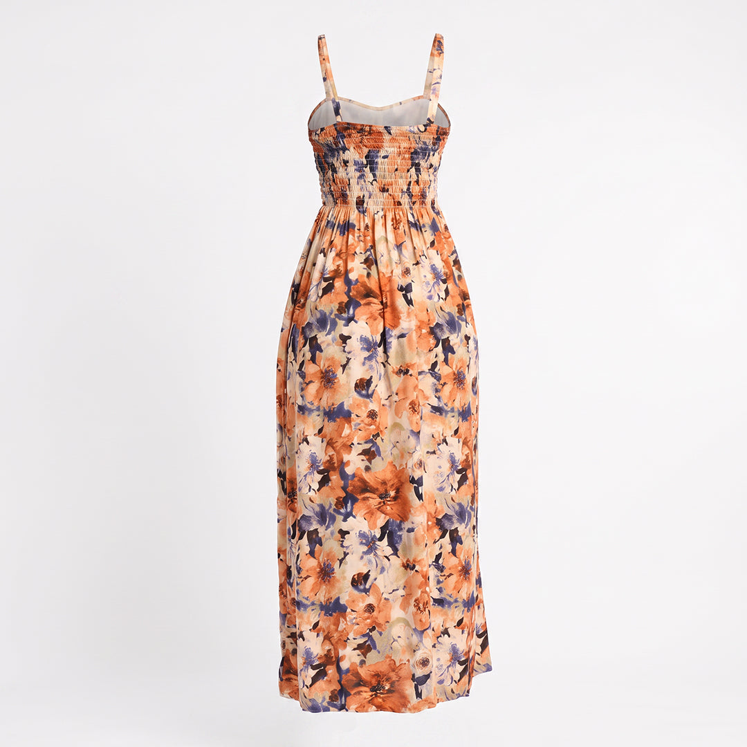 LADIES ALORA ORANGE PRINTED SMOCING DRESS(RAYON CHALLIS)
