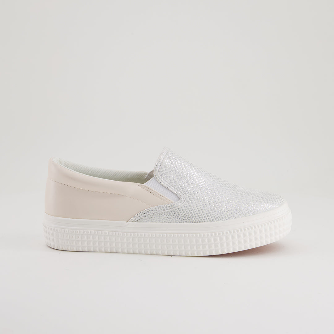 LADIES SHOEROOM WHITE/SILVER SNAKESKIN SLIP ON SNEAKER - Fashion Fusion 79.00 Fashion Fusion